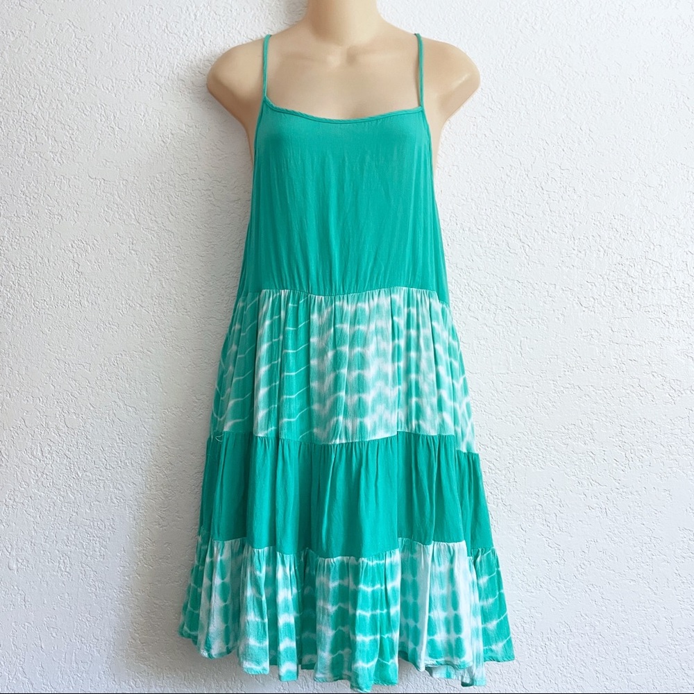 Entro Tiered Teal Tie Dye Mini Summer Dress Back Tie LARGE Spaghetti Straps